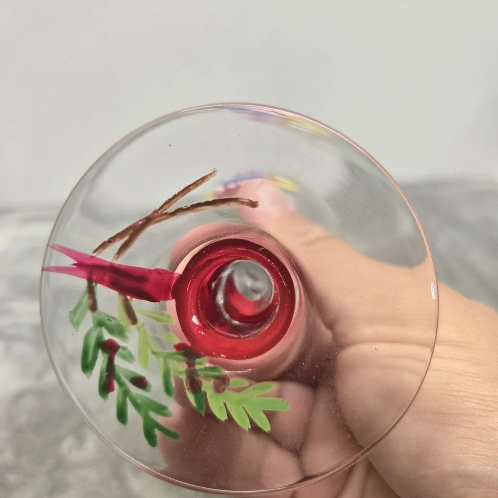 Hand Painted Folk Art Wine Glass Red White Candy Cane Twist Stem Holiday Holly